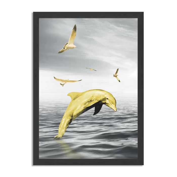 Poster Springende Dolfijnen Goud 02 Rechthoek Verticaal Met Lijst Template PBL 50 70 Verticaal Dieren 3 1