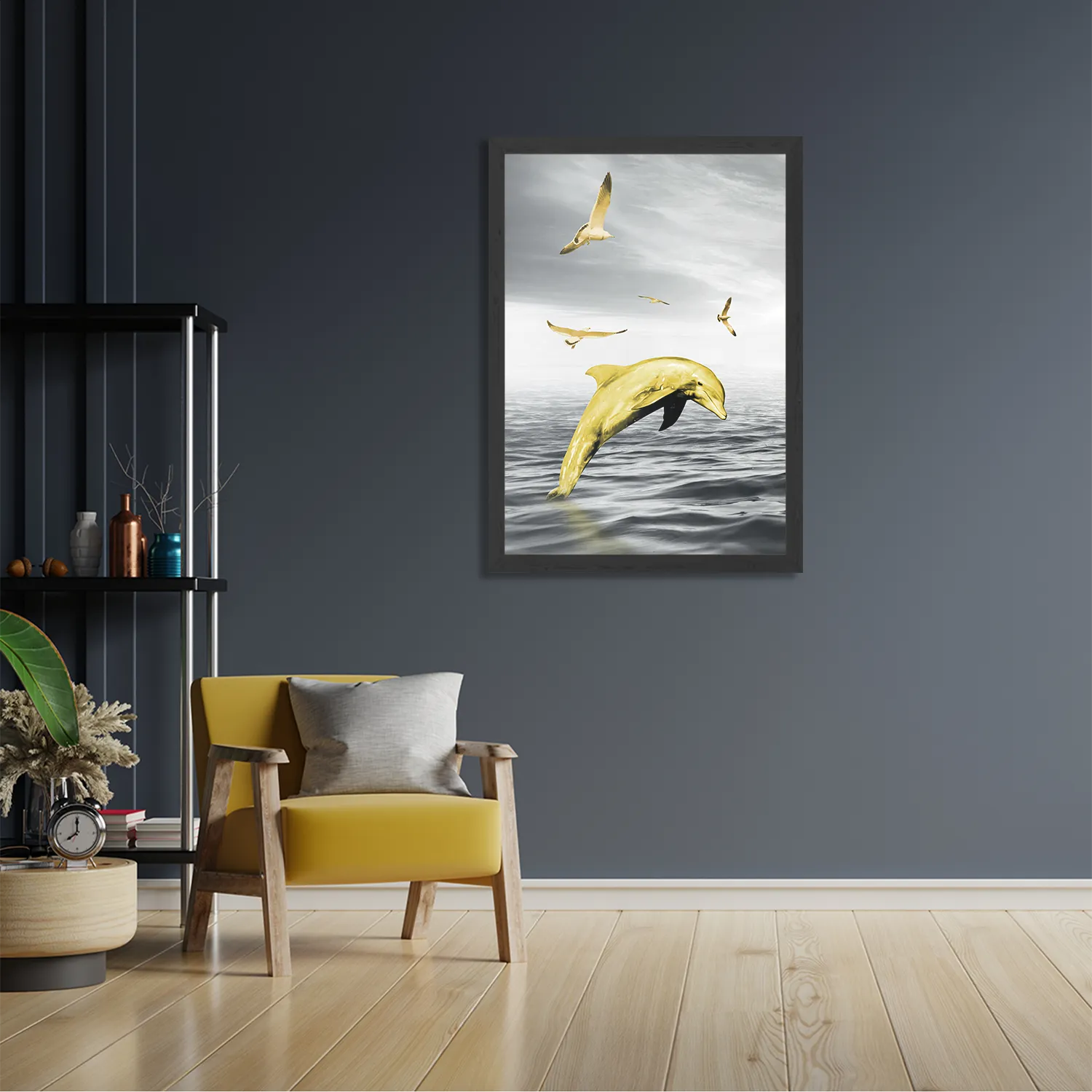 Poster Springende Dolfijnen Goud 02 Rechthoek Verticaal Met Lijst Template PBL 50 70 Verticaal Dieren 3 2