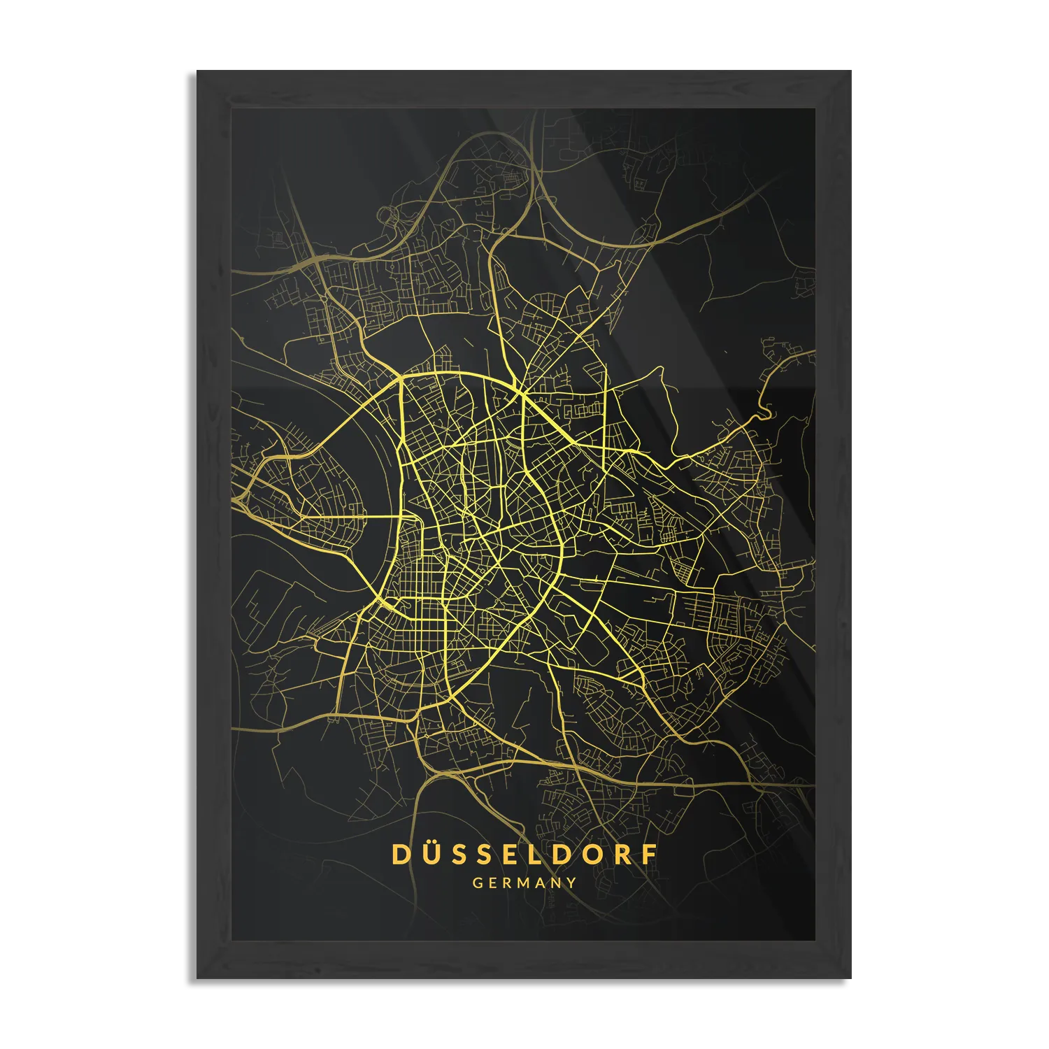 Poster Düsseldorf Plattegrond Zwart Geel Rechthoek Verticaal Met Lijst Template PBL 50 70 Verticaal Steden 65 1
