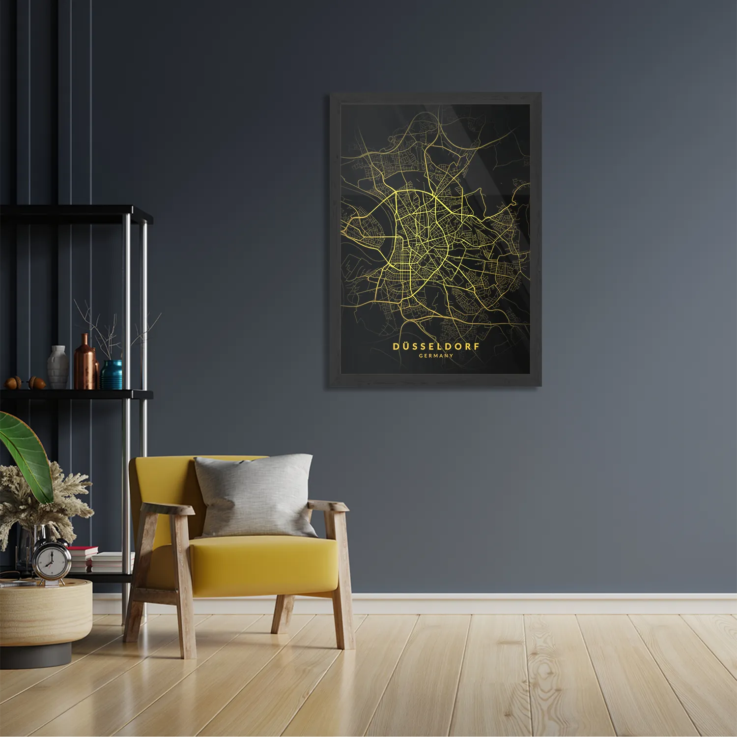 Poster Düsseldorf Plattegrond Zwart Geel Rechthoek Verticaal Met Lijst Template PBL 50 70 Verticaal Steden 65 2