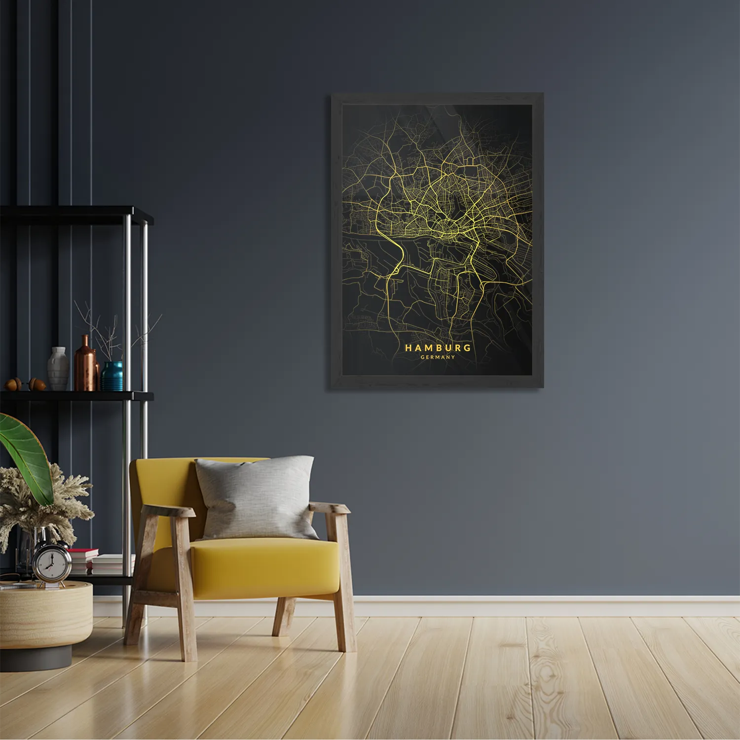 Poster Hamburg Plattegrond Zwart Geel Rechthoek Verticaal Met Lijst Template PBL 50 70 Verticaal Steden 66 2