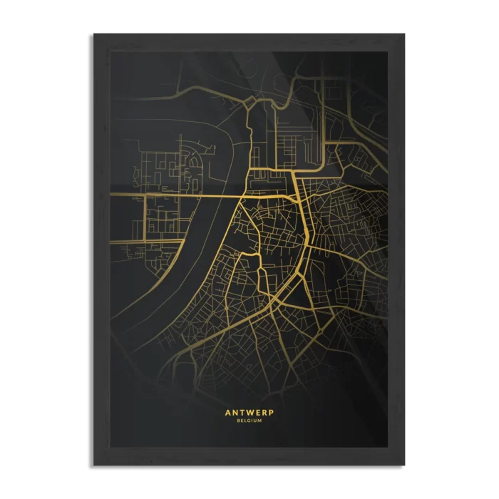 Poster Antwerp Antwerpen Plattegrond Zwart Geel Rechthoek Verticaal Met Lijst Template PBL 50 70 Verticaal Steden 68 1