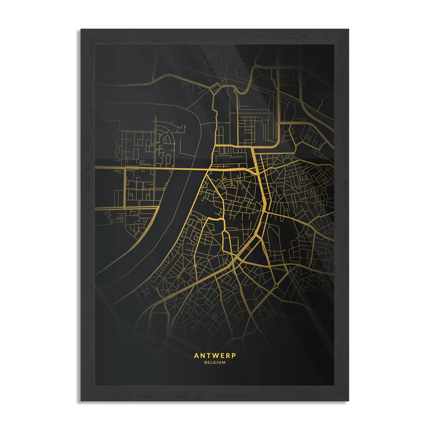 Poster Antwerp Antwerpen Plattegrond Zwart Geel Rechthoek Verticaal Met Lijst Template PBL 50 70 Verticaal Steden 68 1