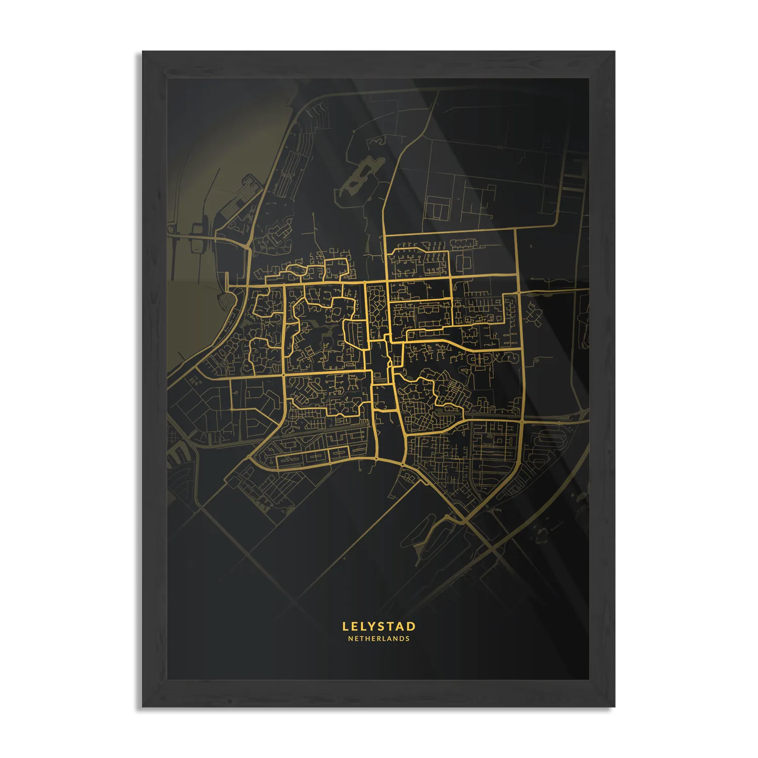 Poster Lelystad Plattegrond Zwart Geel Rechthoek Verticaal Met Lijst Template PBL 50 70 Verticaal Steden 74 1