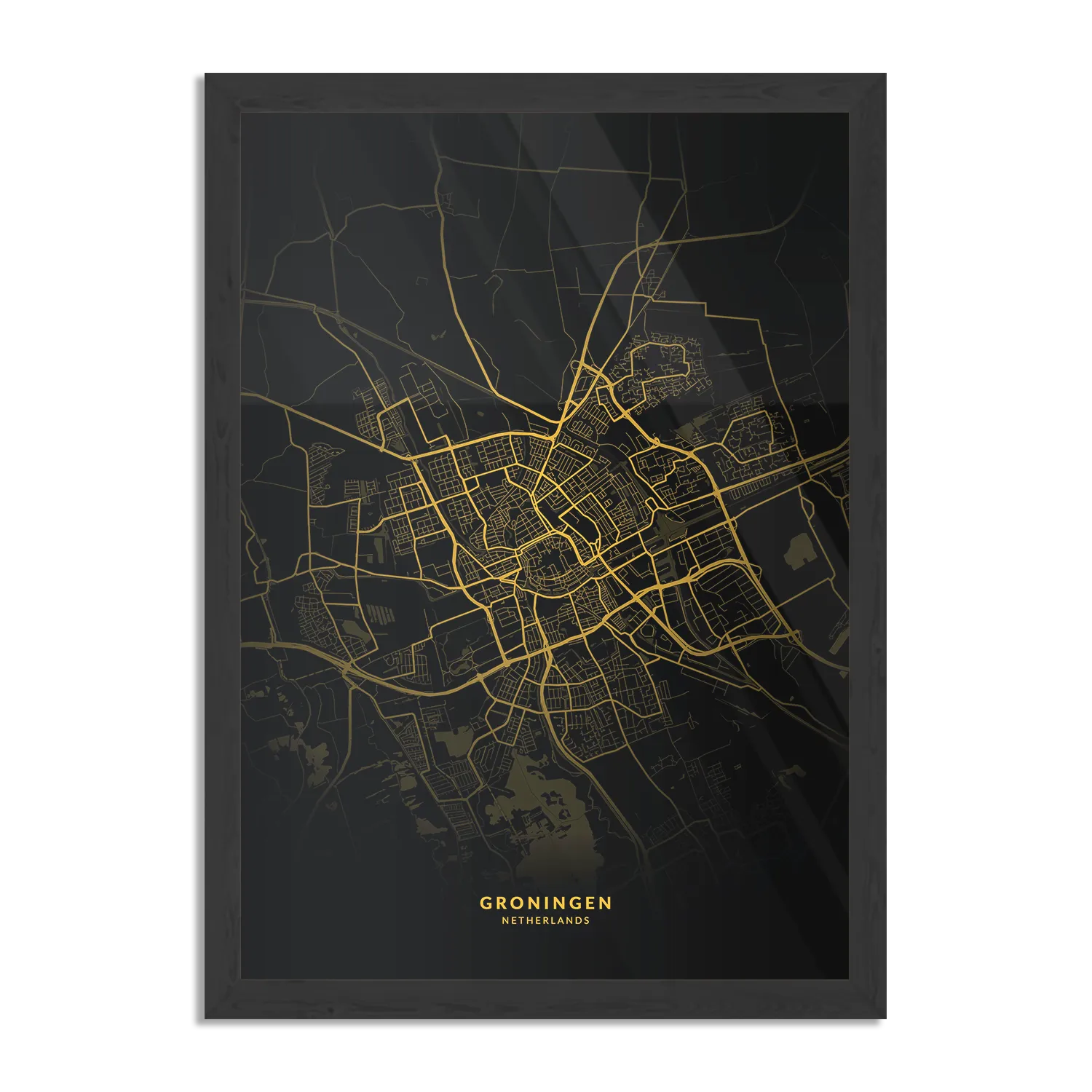Poster Groningen Plattegrond Zwart Geel Rechthoek Verticaal Met Lijst Template PBL 50 70 Verticaal Steden 75 1