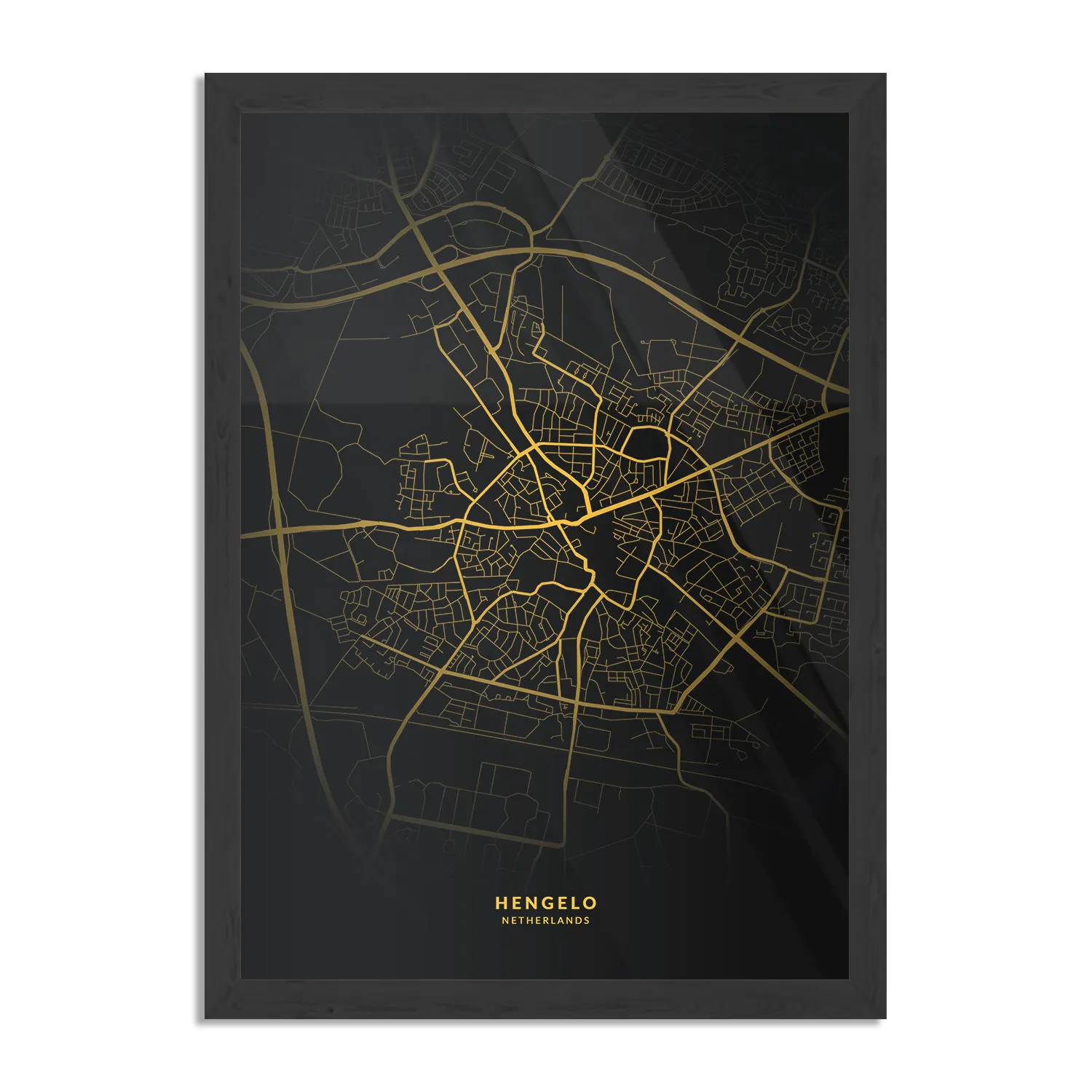 Poster Hengelo Plattegrond Zwart Geel Rechthoek Verticaal Met Lijst Template PBL 50 70 Verticaal Steden 87 1