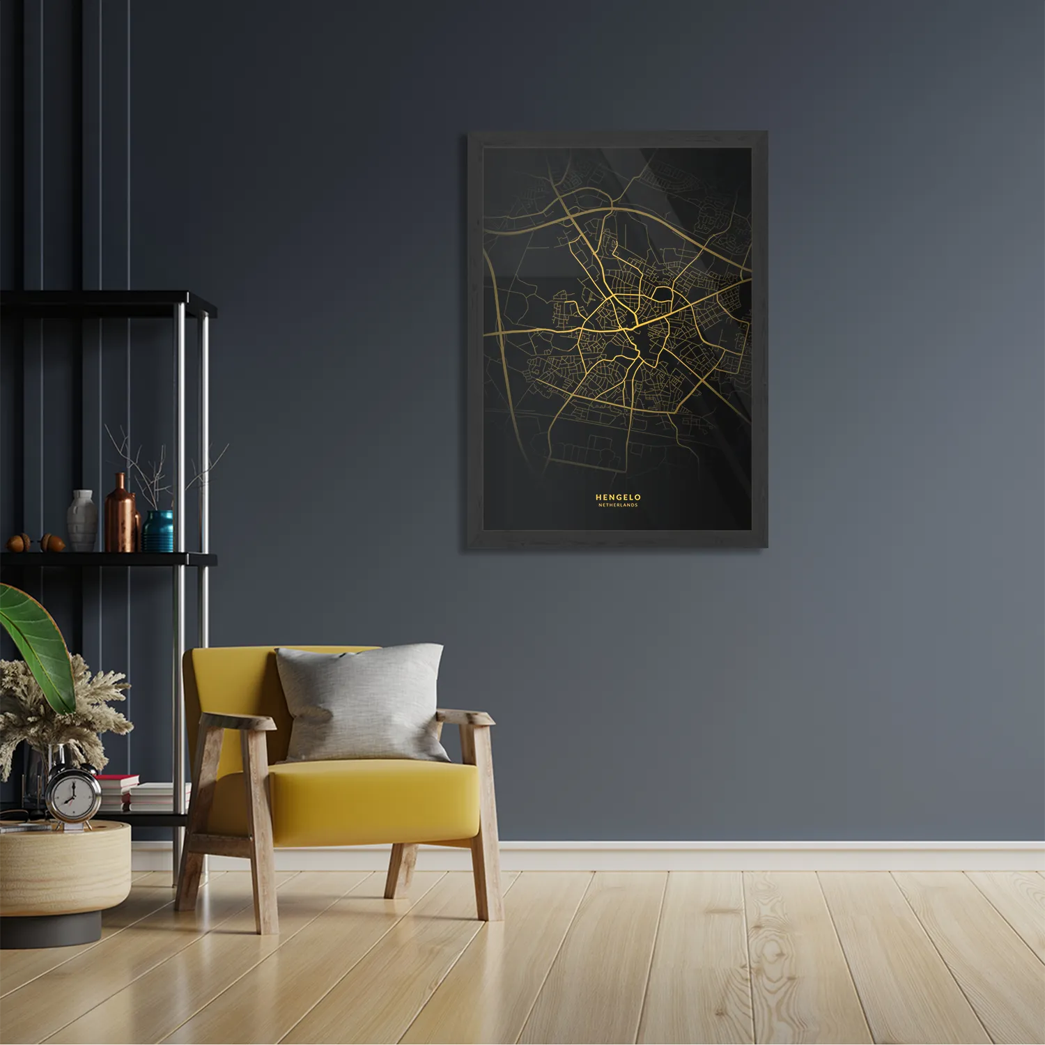 Poster Hengelo Plattegrond Zwart Geel Rechthoek Verticaal Met Lijst Template PBL 50 70 Verticaal Steden 87 2
