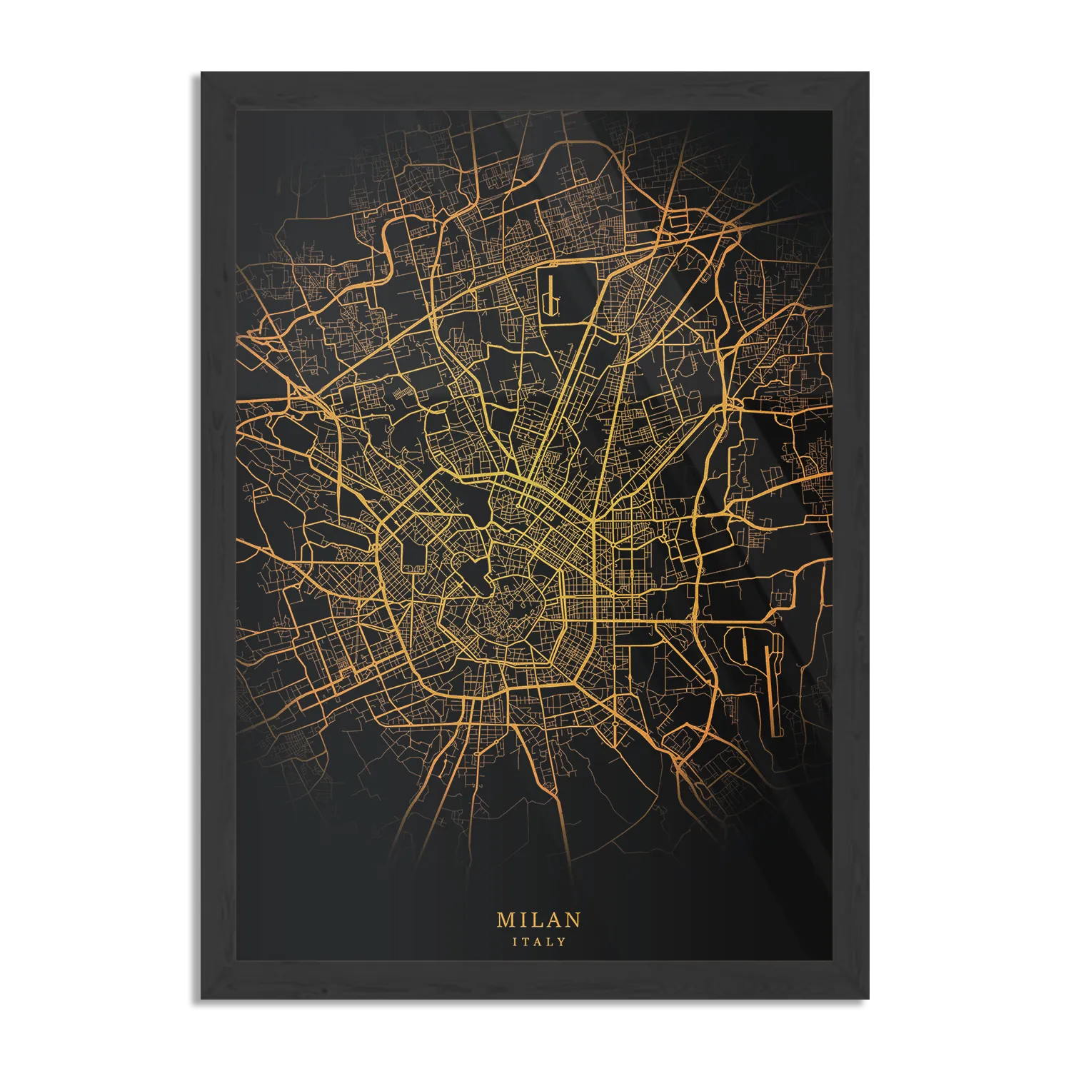 Poster Milan Milaan Plattegrond Zwart Geel Rechthoek Verticaal Met Lijst Template PBL 50 70 Verticaal Steden 94 1