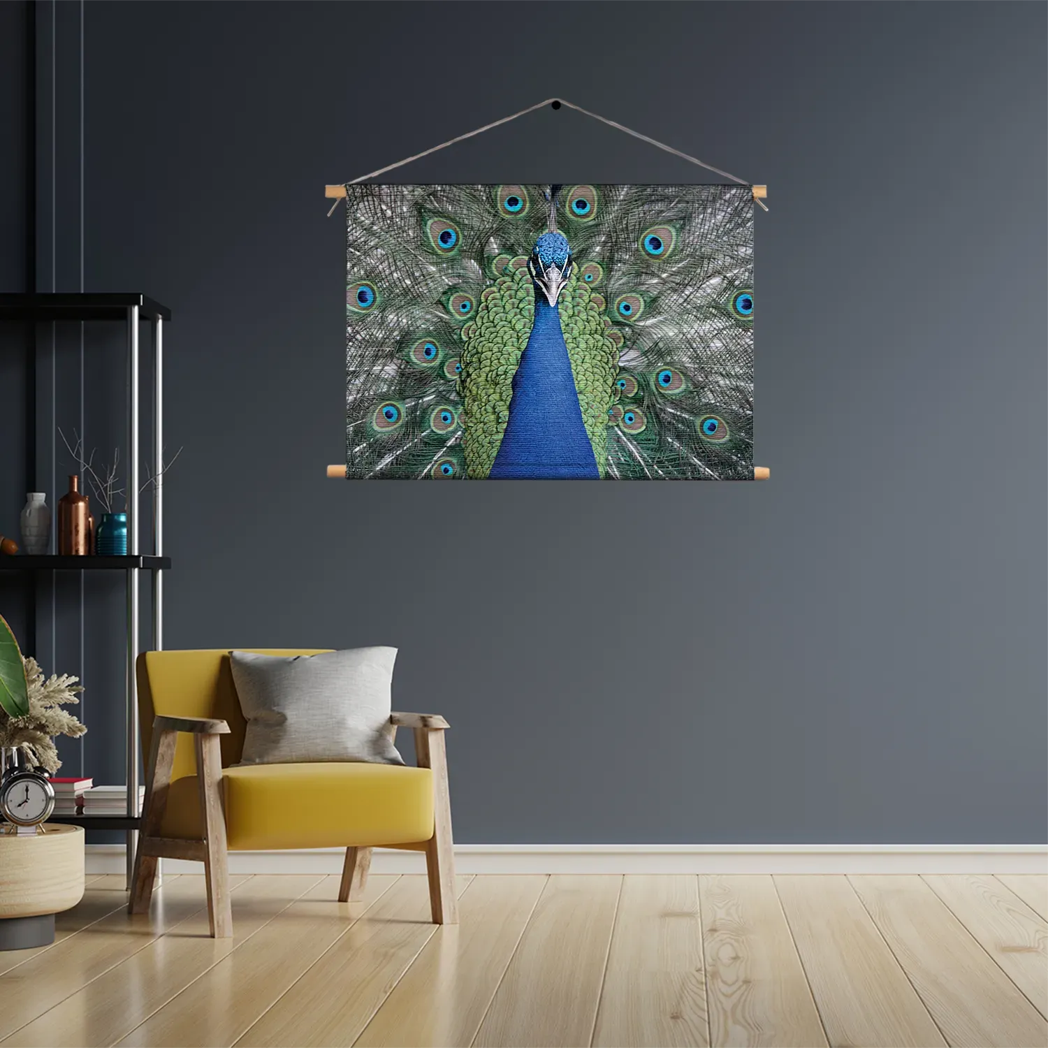 Textielposter Blauwe Pauw Met Groene Verem Rechthoek Horizontaal Template TP 50 70 Horizontaal Dieren 20 3