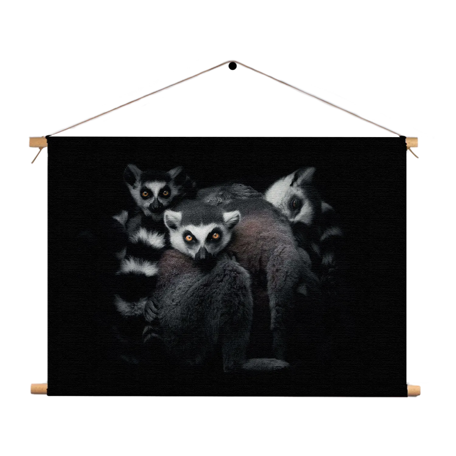 Textielposter Ringstaartmaki's Met Zwarte Achtergrond Rechthoek Horizontaal Template TP 50 70 Horizontaal Dieren 59 1