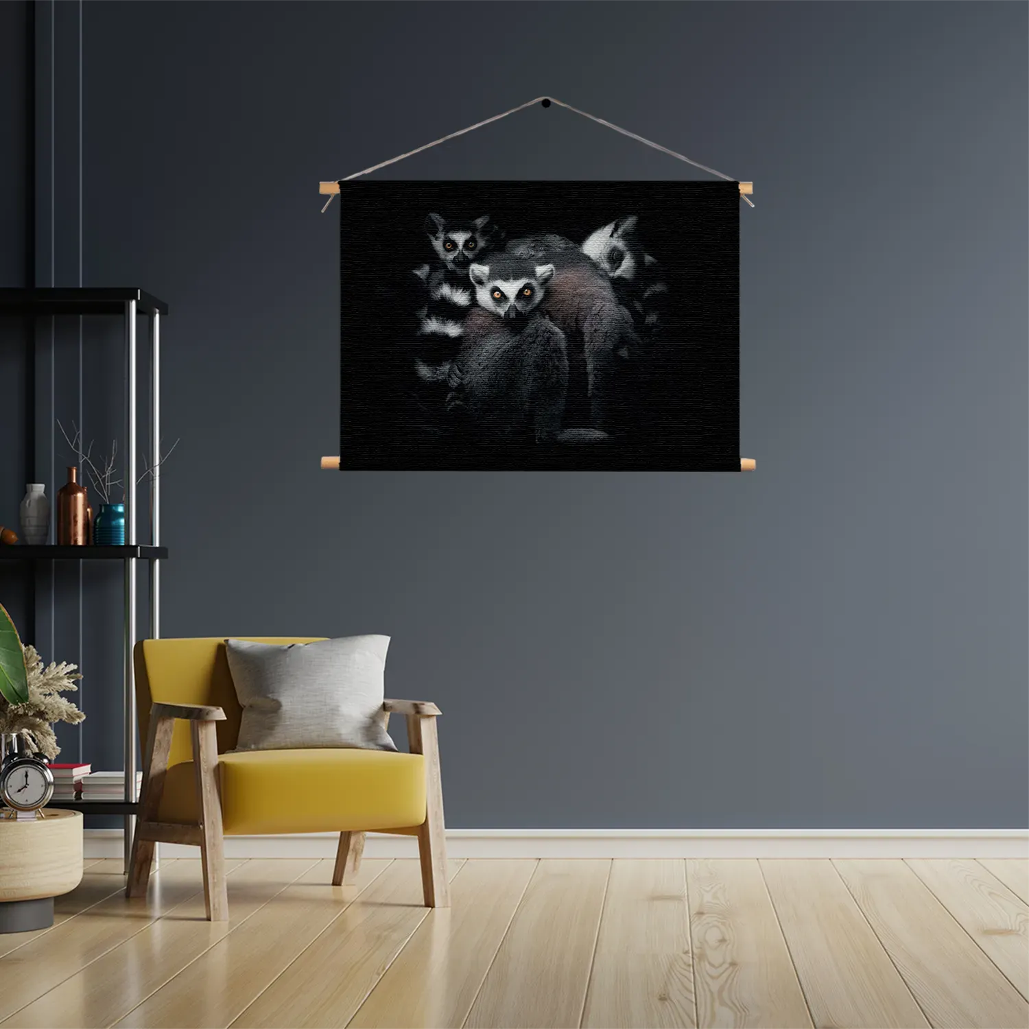 Textielposter Ringstaartmaki's Met Zwarte Achtergrond Rechthoek Horizontaal Template TP 50 70 Horizontaal Dieren 59 3