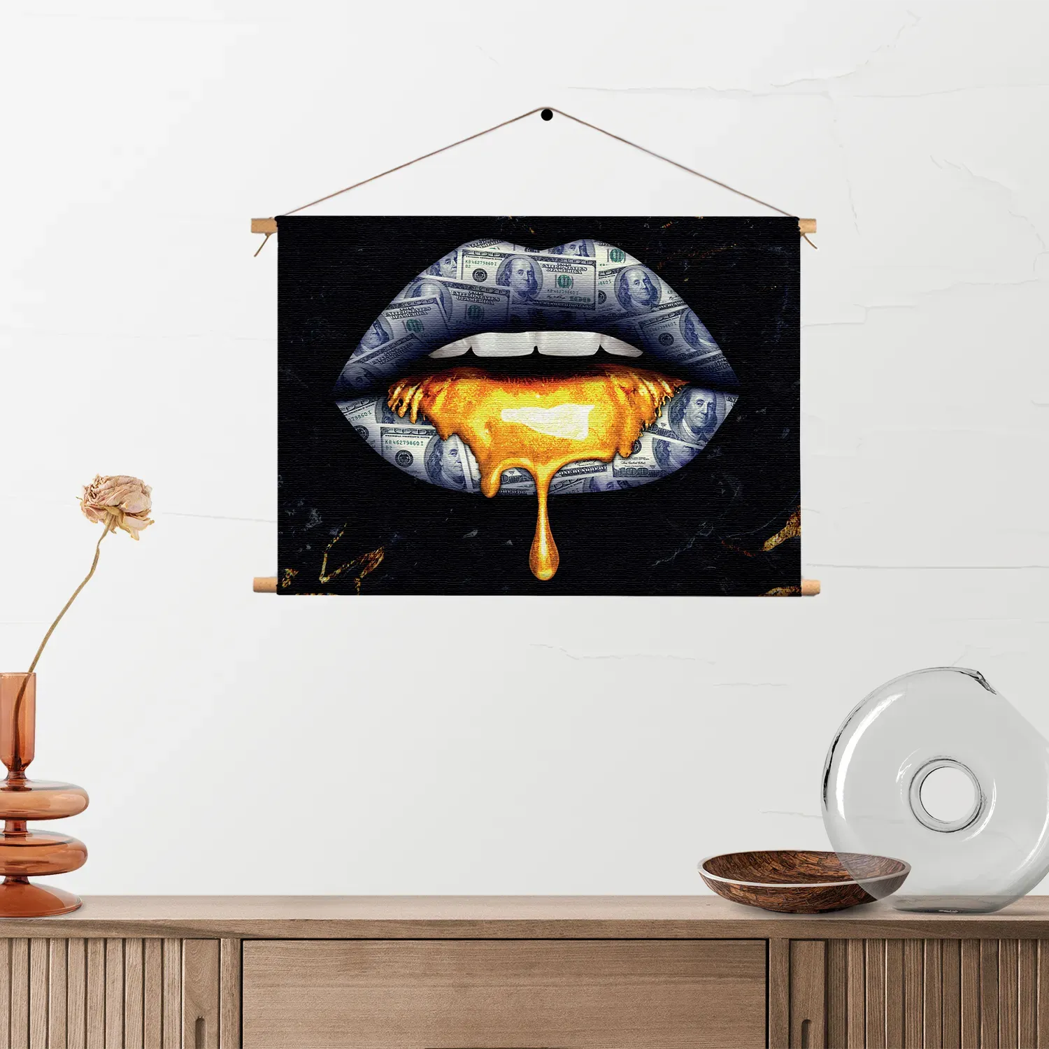 Textielposter Golden Money Lips Rechthoek Horizontaal Template TP 50 70 Horizontaal Lifestyle 5 2