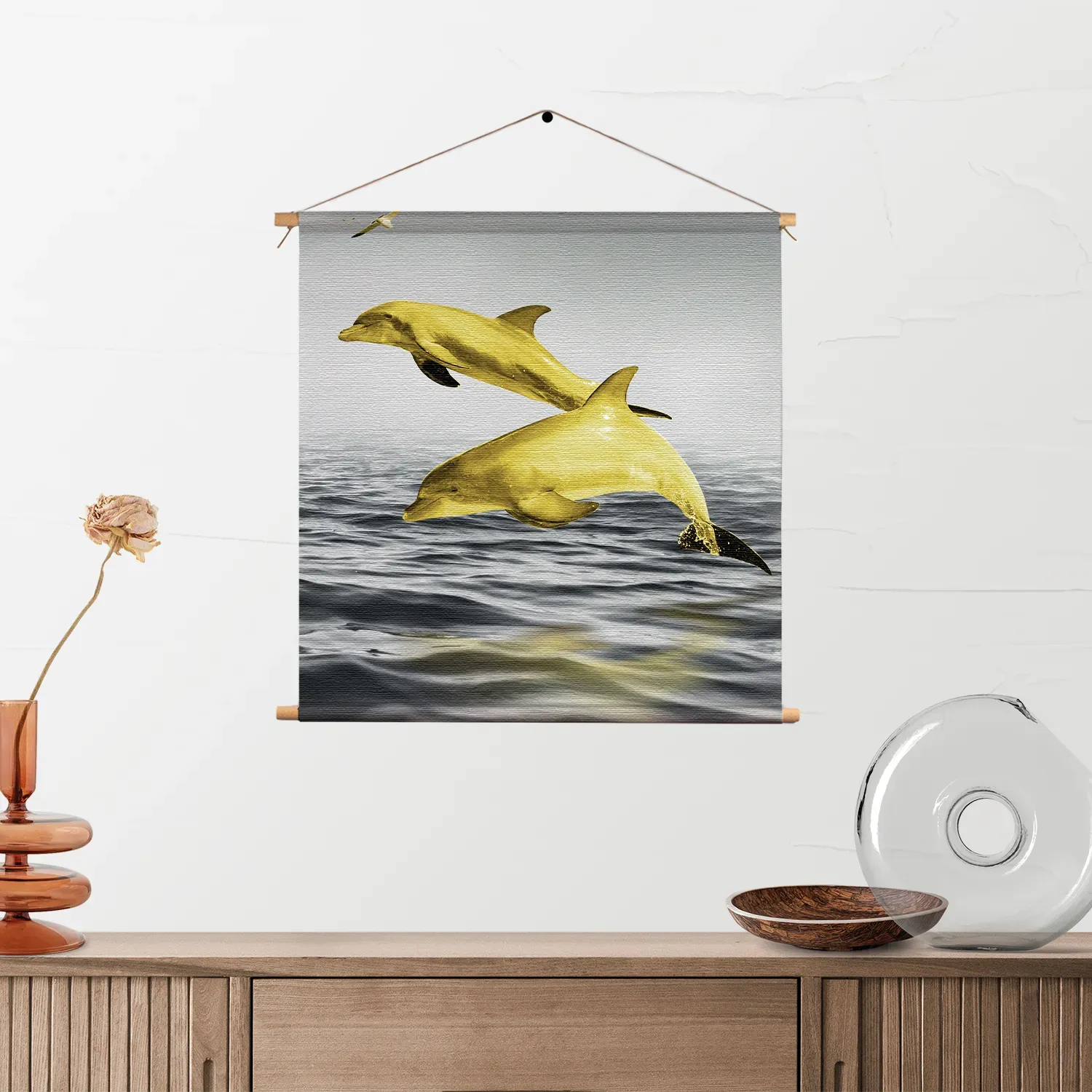 Textielposter Springende Dolfijnen Goud 01 Vierkant Template TP Vierkant Dieren 2 2