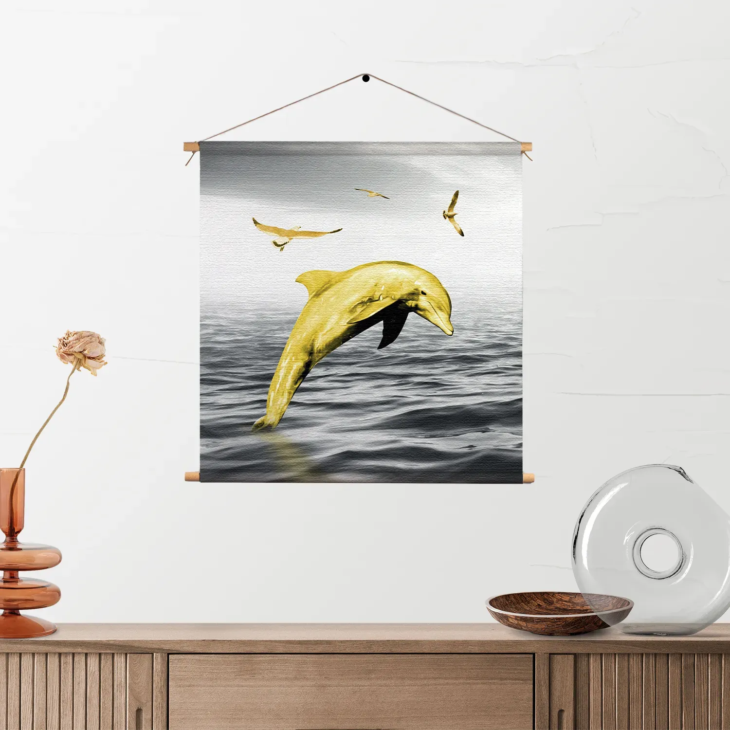 Textielposter Springende Dolfijnen Goud 02 Vierkant Template TP Vierkant Dieren 3 2