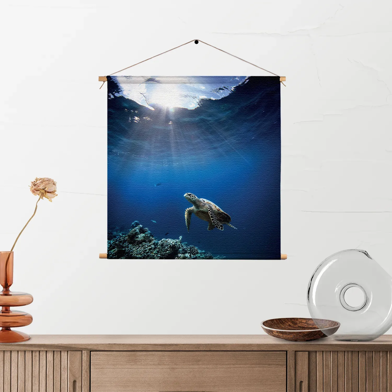 Textielposter Zeeschildpad In Helderblauw Water 03 Vierkant Template TP Vierkant Dieren 30 2