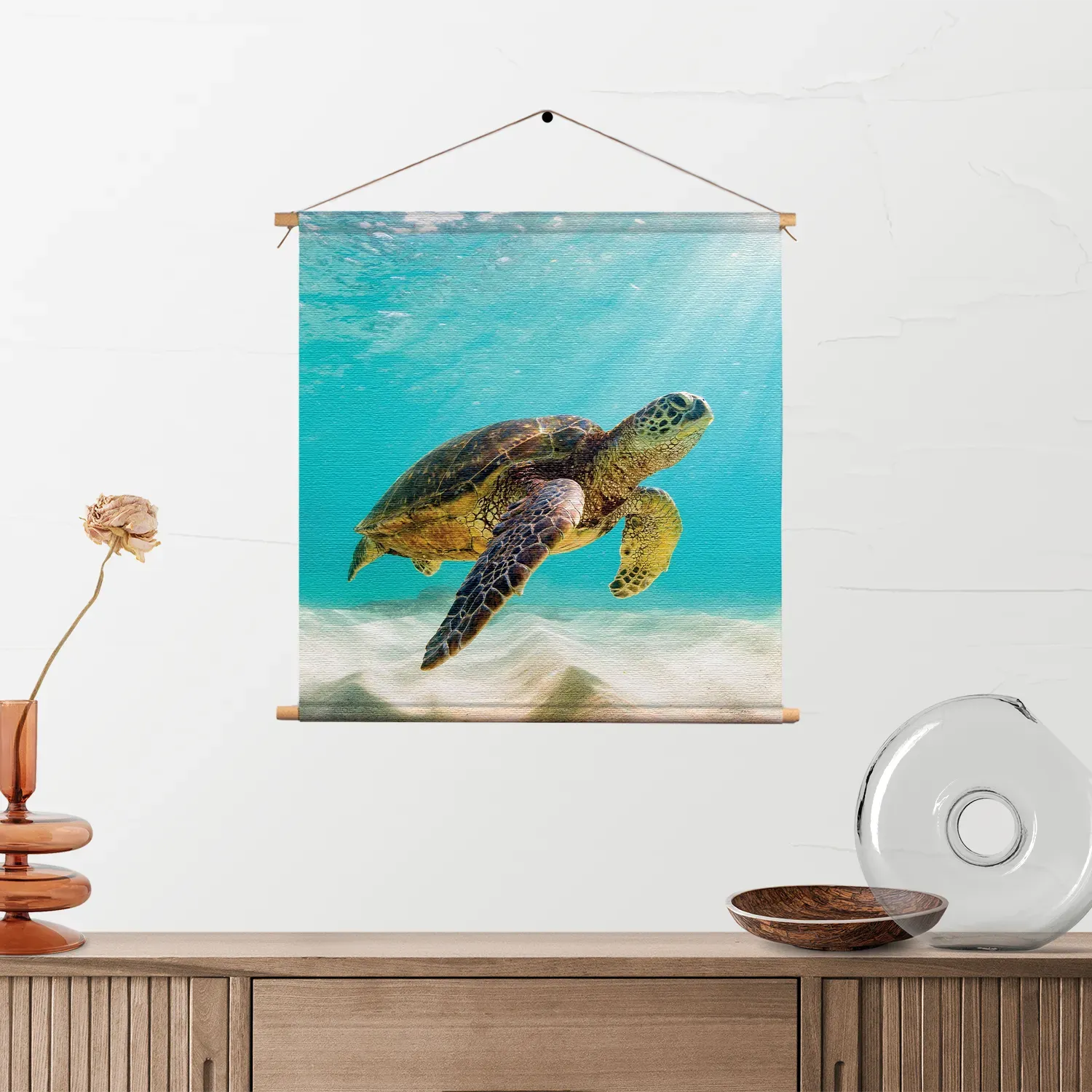 Textielposter Zeeschildpad In Helderblauw Water 04 Vierkant Template TP Vierkant Dieren 58 2