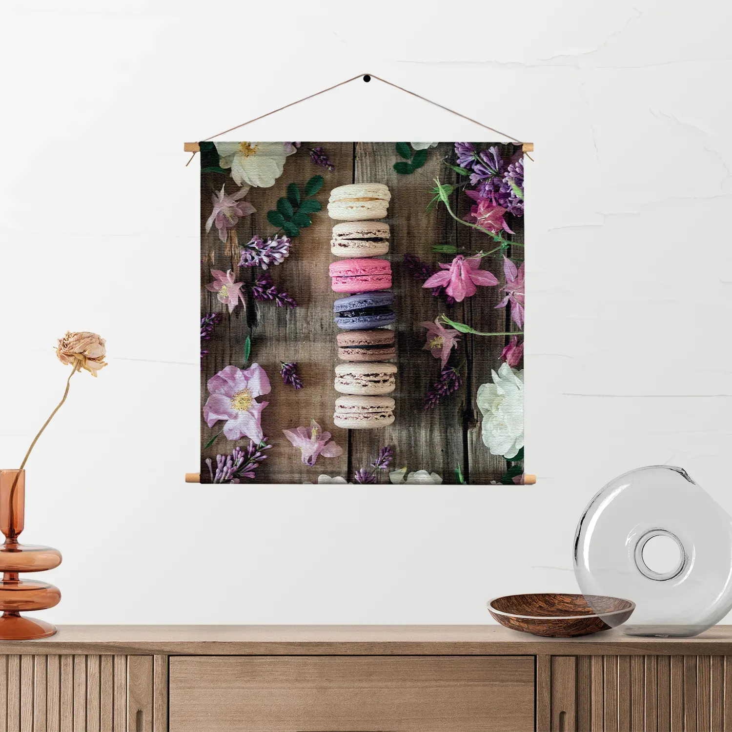 Textielposter Macarons op Bloemen Tafel Vierkant Template TP Vierkant Eten En Drinken 22 2