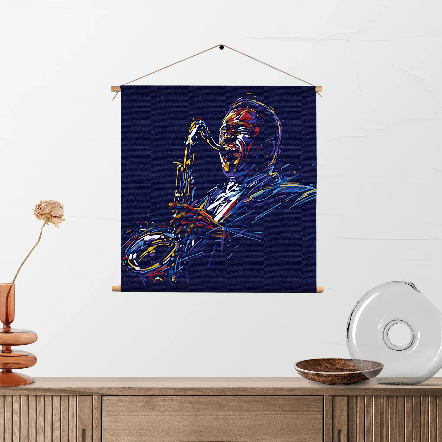 Textielposter Kleurrijke Saxofonist 01 Vierkant Template TP Vierkant Muziek 14 2