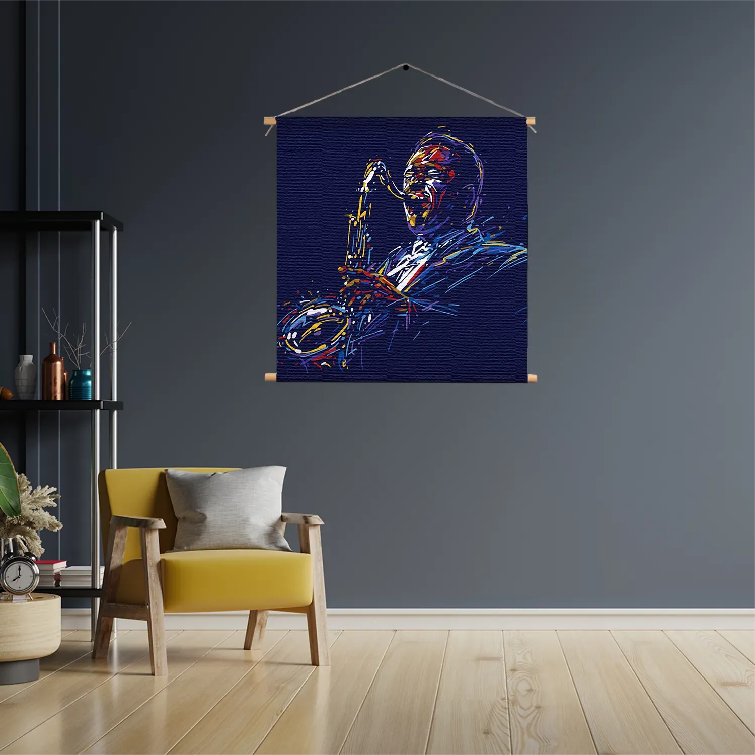 Textielposter Kleurrijke Saxofonist 01 Vierkant Template TP Vierkant Muziek 14 3