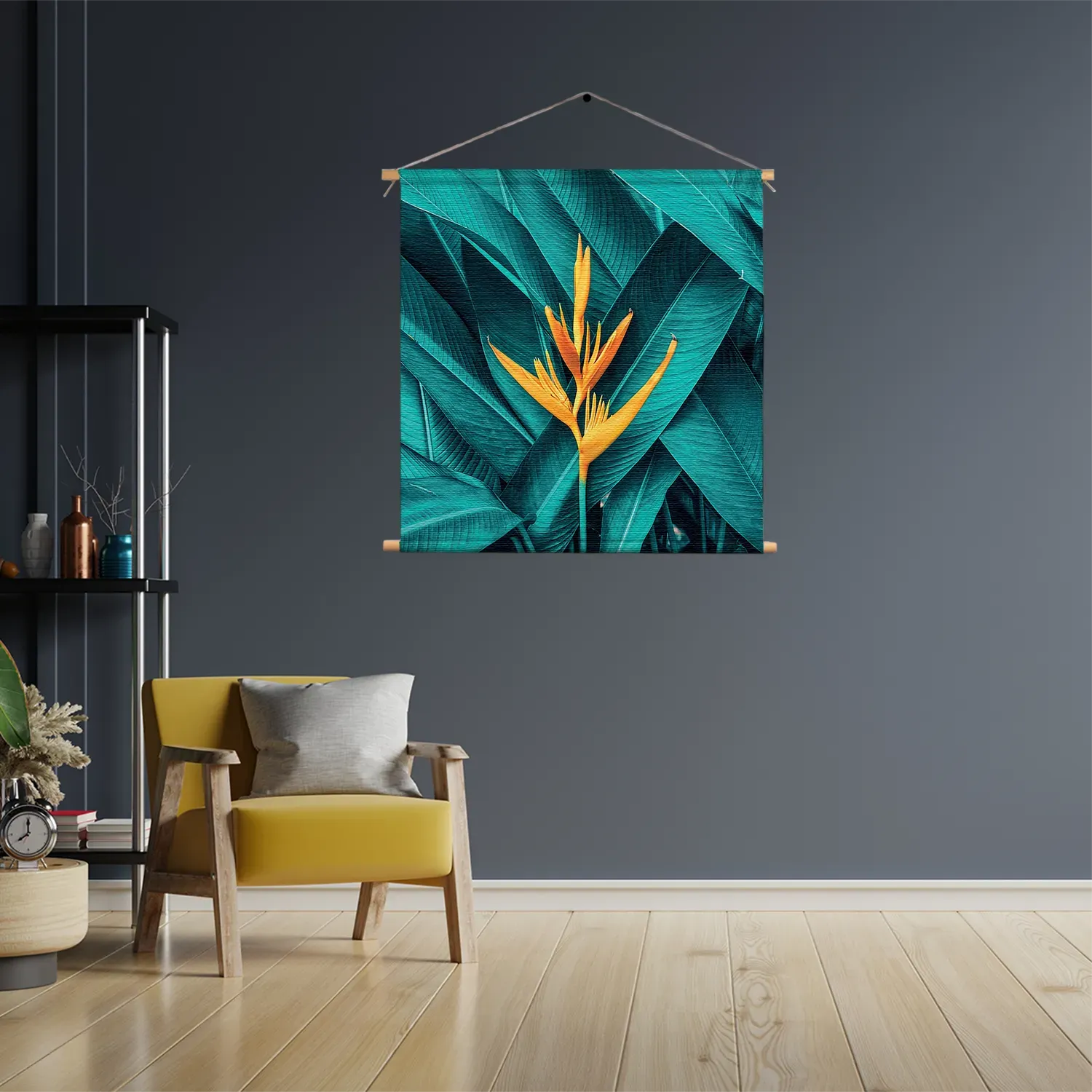 Textielposter Gele bloem in een blauw bladerdeken Vierkant Template TP Vierkant Natuur 91 3