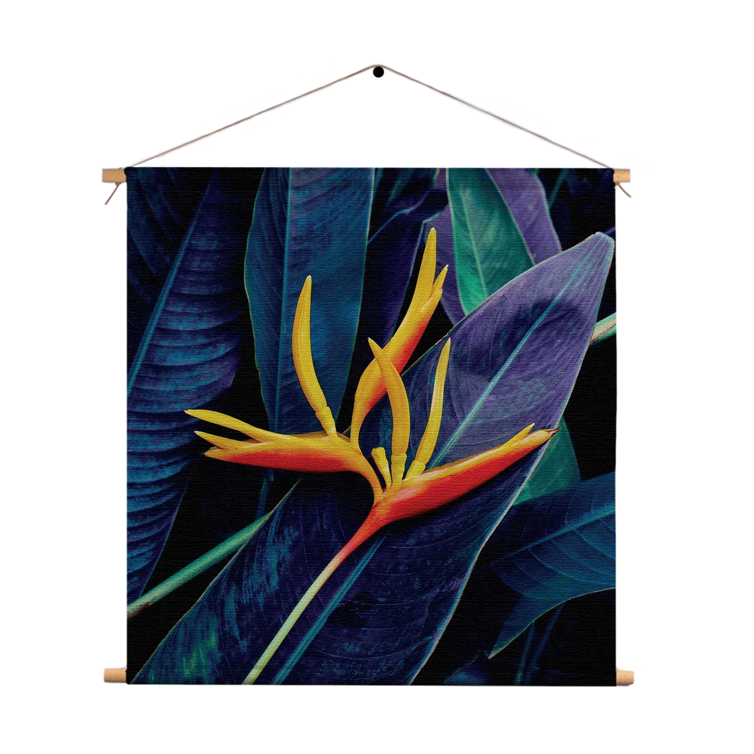 Textielposter Heliconia bloem op donkere achtergrond Vierkant Template TP Vierkant Natuur 95 1