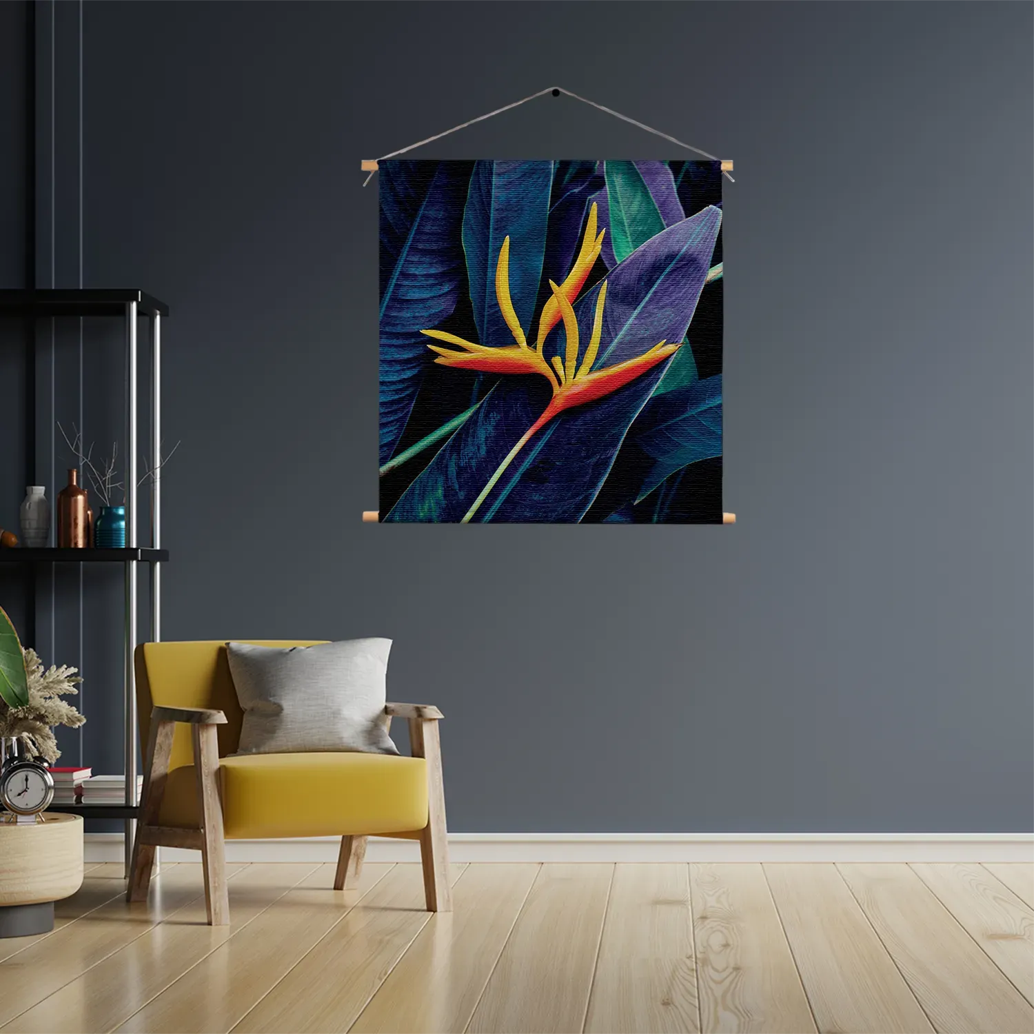 Textielposter Heliconia bloem op donkere achtergrond Vierkant Template TP Vierkant Natuur 95 3