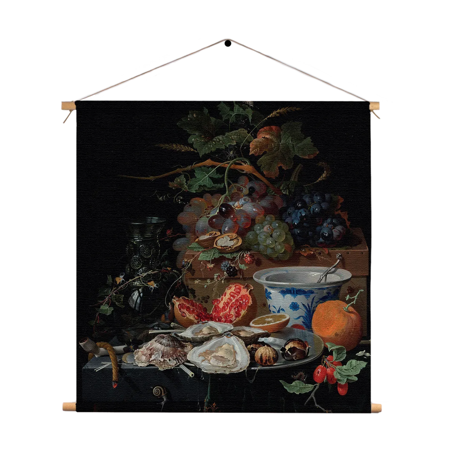 Textielposter Abraham Mignon Stilleven met vruchten, oesters en een porseleinen kom 1660-1679 Vierkant Template TP Vierkant Om 28 1