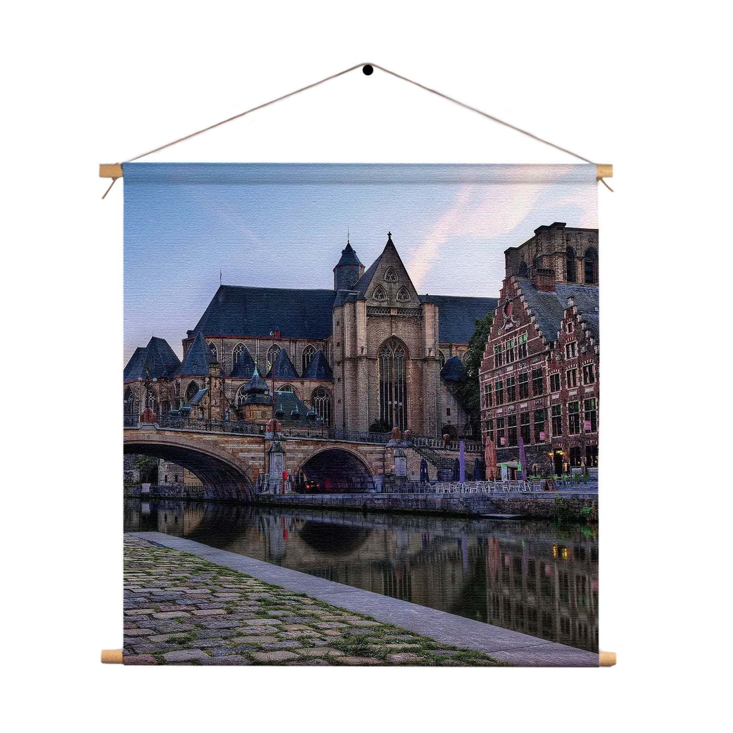 Textielposter Middeleeuwse Kathedraal en Brug Gent Vierkant Template TP Vierkant Steden 100 1