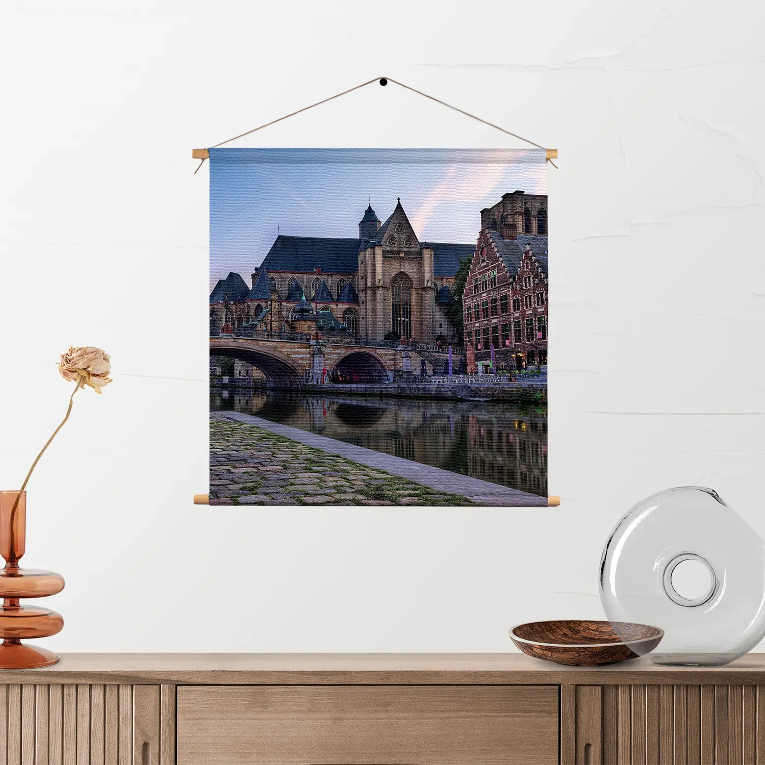 Textielposter Middeleeuwse Kathedraal en Brug Gent Vierkant Template TP Vierkant Steden 100 2