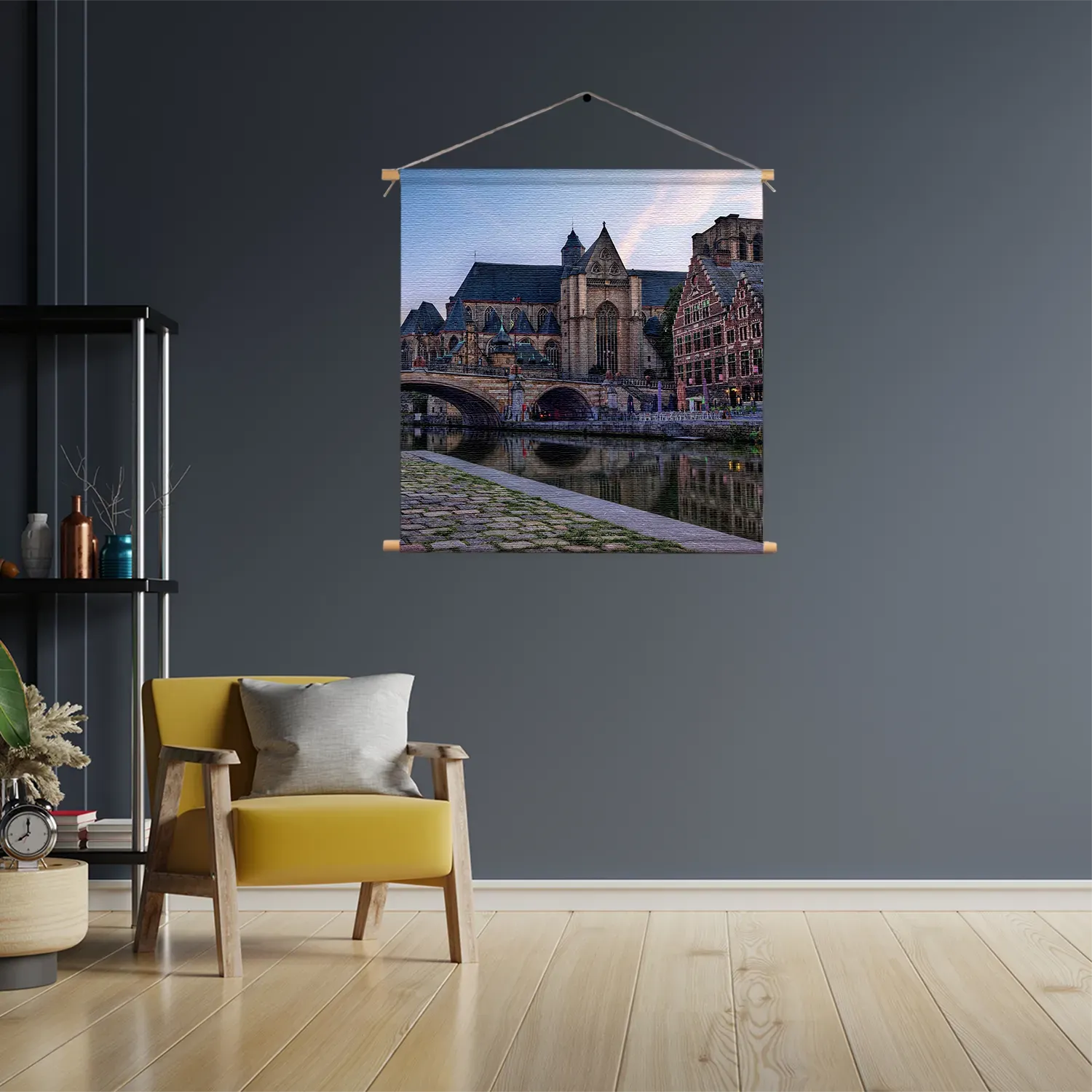 Textielposter Middeleeuwse Kathedraal en Brug Gent Vierkant Template TP Vierkant Steden 100 3