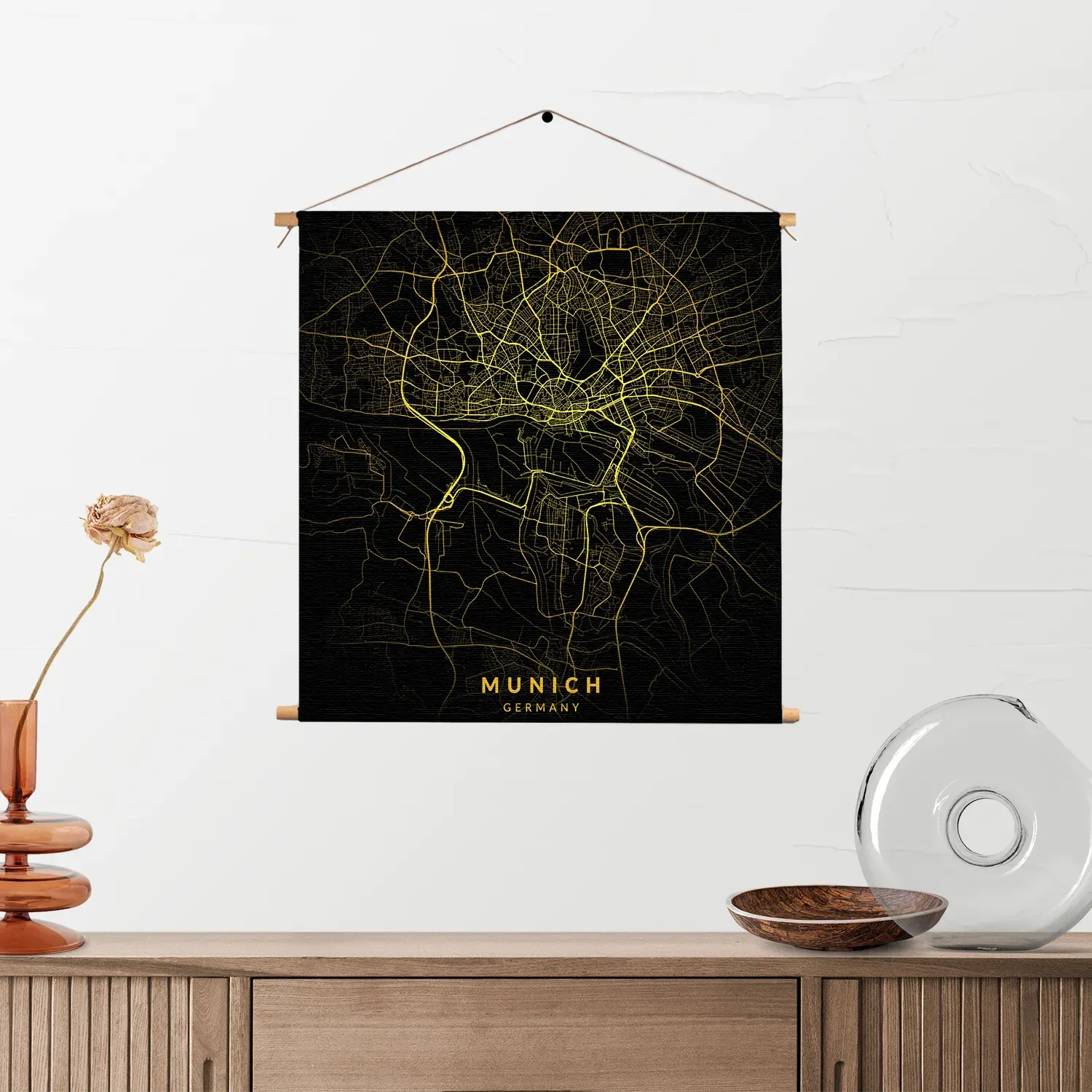 Textielposter Munich München Plattegrond Zwart Geel Vierkant Template TP Vierkant Steden 67 2