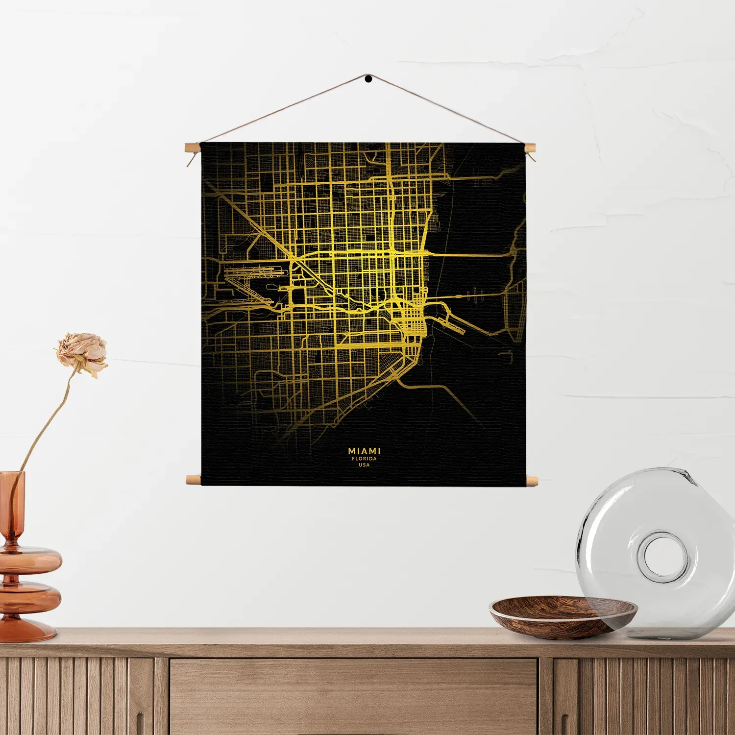 Textielposter Miami Plattegrond Zwart Geel Vierkant Template TP Vierkant Steden 71 2