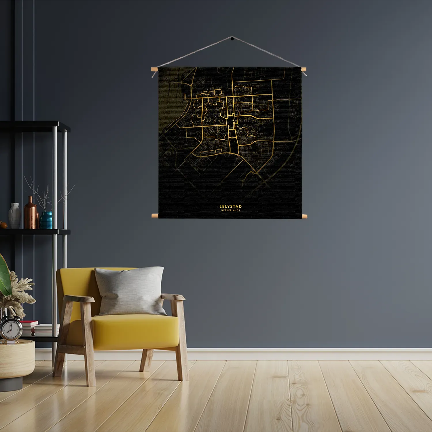 Textielposter Lelystad Plattegrond Zwart Geel Vierkant Template TP Vierkant Steden 74 3