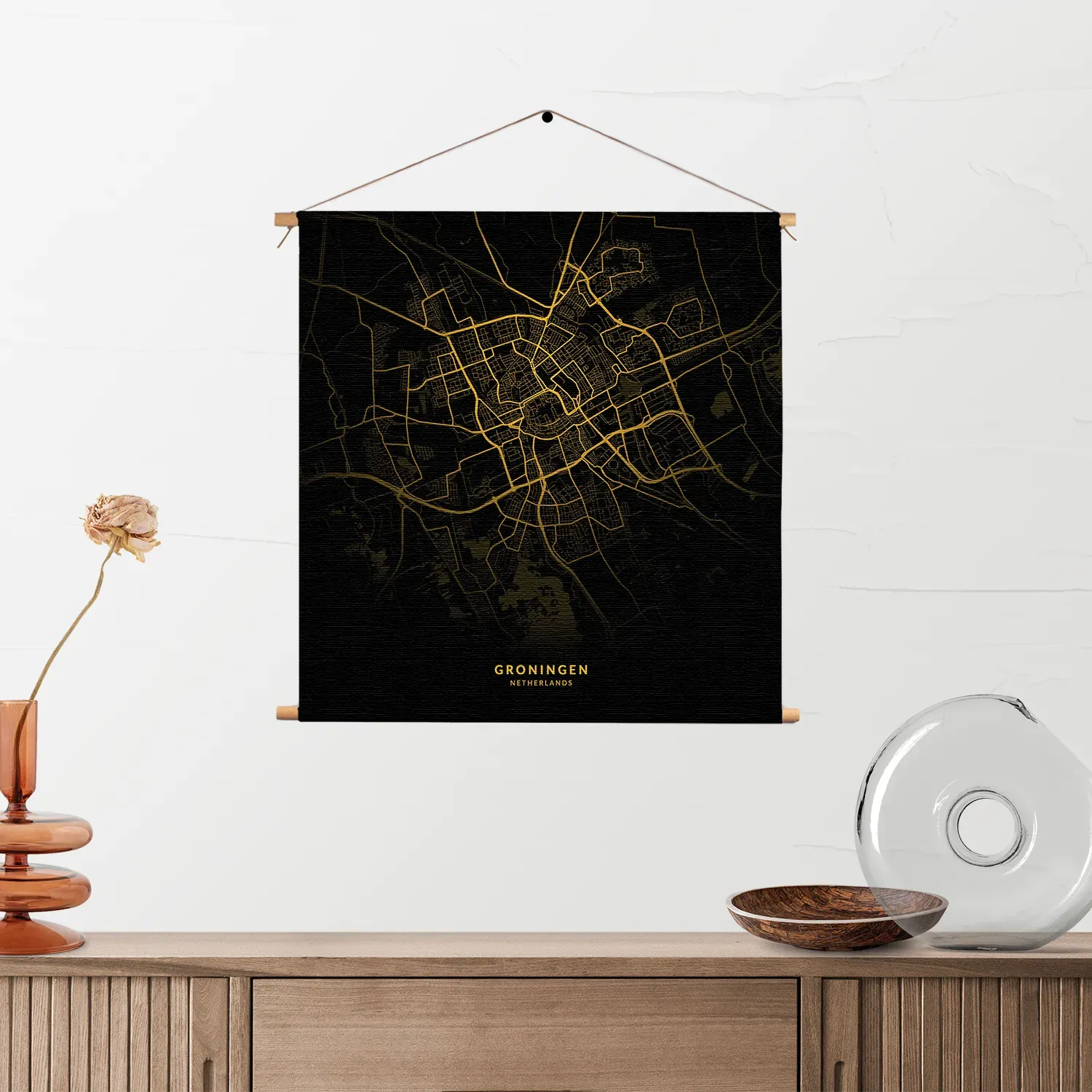 Textielposter Groningen Plattegrond Zwart Geel Vierkant Template TP Vierkant Steden 75 2
