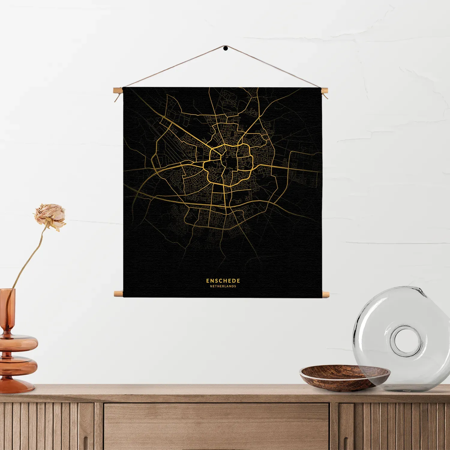 Textielposter Enschede Plattegrond Zwart Geel Vierkant Template TP Vierkant Steden 82 2