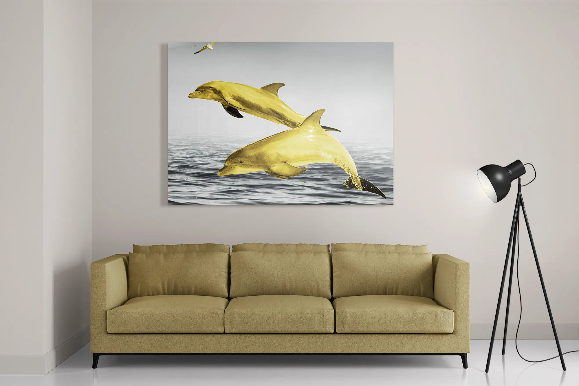 Schilderij Springende Dolfijnen Goud 01 Rechthoek Horizontaal Template DB 50 70 Horizontaal Dieren 2 2