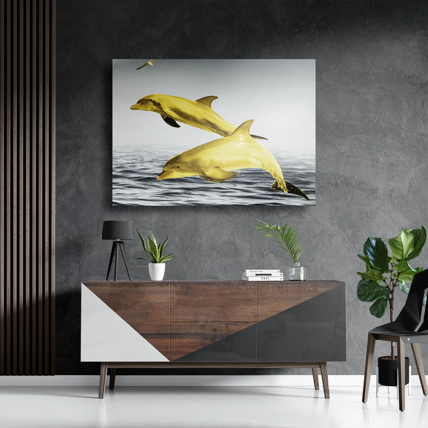 Schilderij Springende Dolfijnen Goud 01 Rechthoek Horizontaal Template DB 50 70 Horizontaal Dieren 2 3