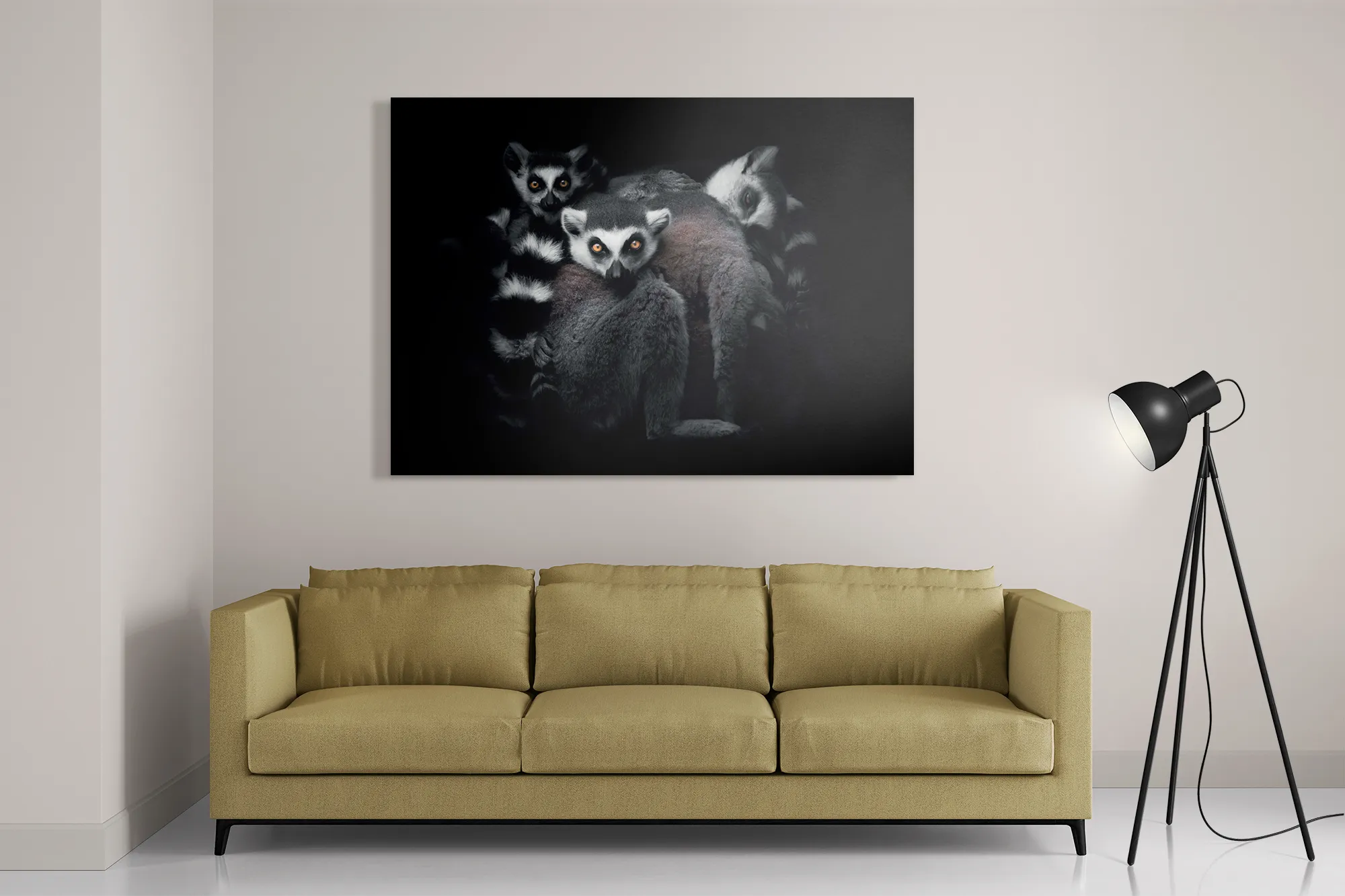 Schilderij Ringstaartmaki's Met Zwarte Achtergrond Rechthoek Horizontaal Template DB 50 70 Horizontaal Dieren 59 2