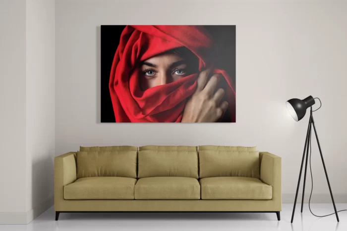 Schilderij Jonge Arabische Vrouw Met Rode Hoofddoek Rechthoek Horizontaal Template DB 50 70 Horizontaal Mensen 1 2