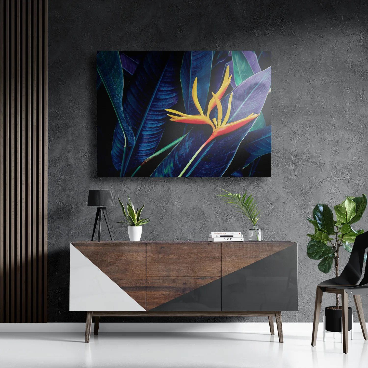 Schilderij Heliconia bloem op donkere achtergrond Rechthoek Horizontaal Template DB 50 70 Horizontaal Natuur 95 3