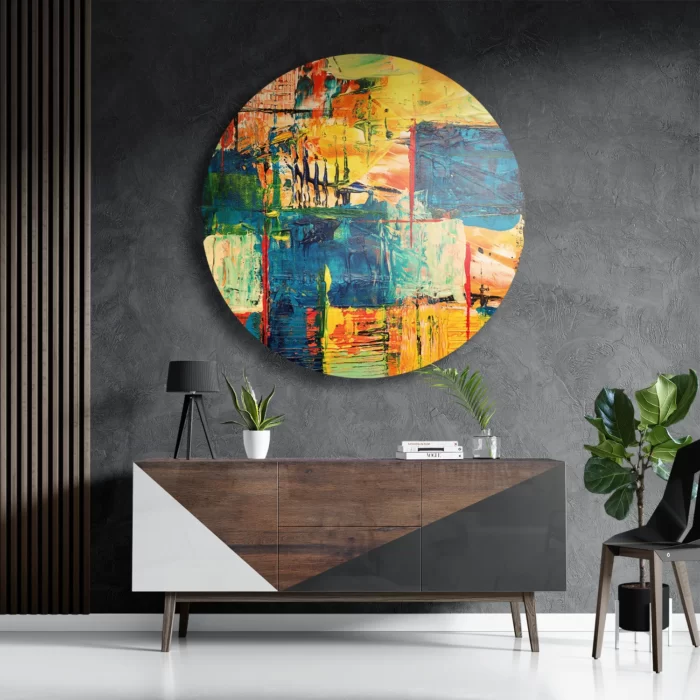 Schilderij Kunst Mondriaan Stijl Kleurrijk Rond – Muurcirkel Template TP DB Rond Abstract 103 3