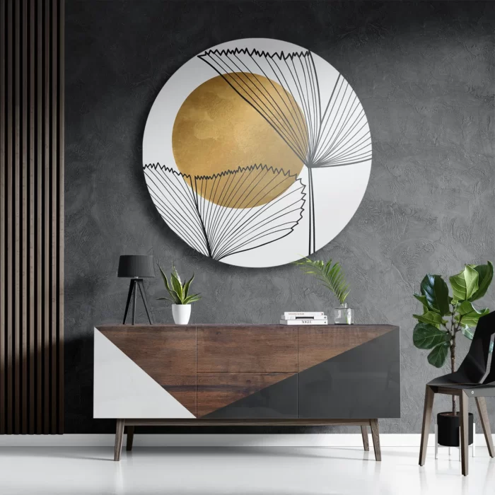 Schilderij Scandinavisch Design Plant met Goud Element 01 Rond – Muurcirkel Template TP DB Rond Abstract 112 3