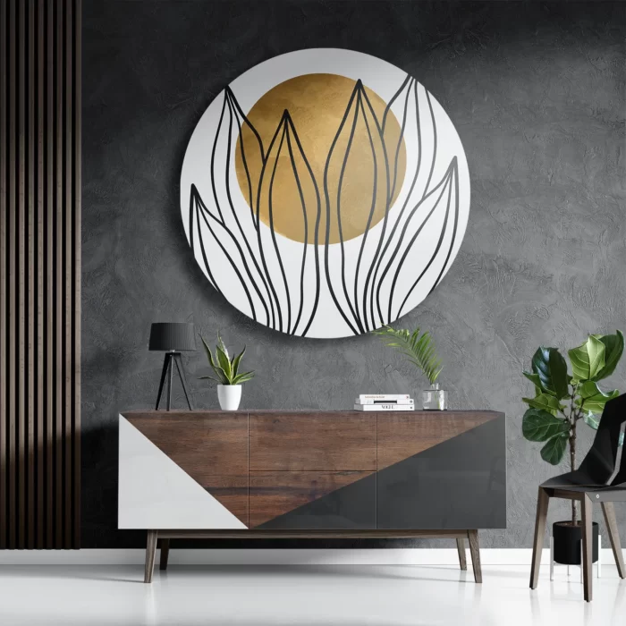 Schilderij Scandinavisch Design Plant met Goud Element 01 Rond – Muurcirkel Template TP DB Rond Abstract 72 3