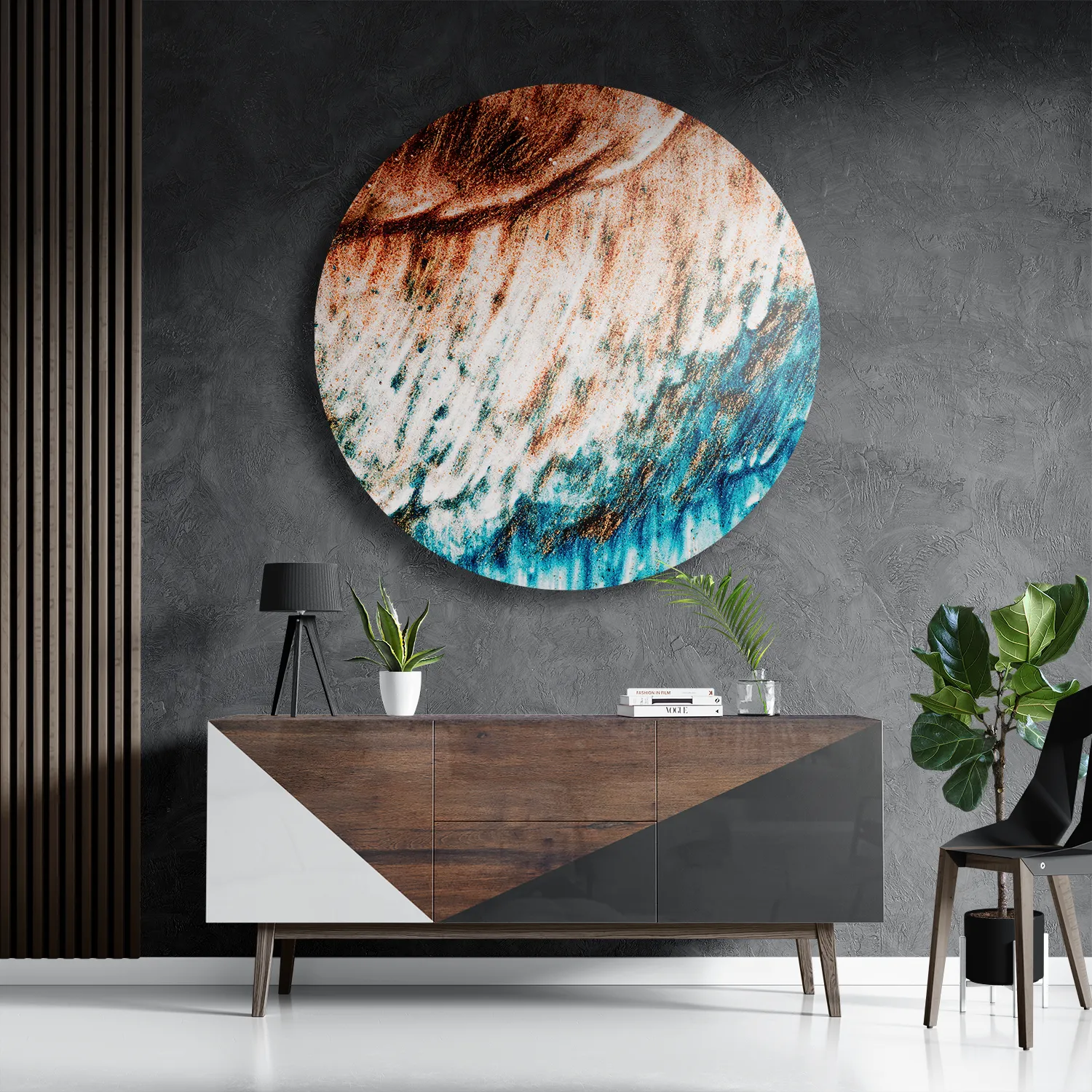 Schilderij Kunst Oranje blauw Rond – Muurcirkel Template TP DB Rond Abstract 93 3
