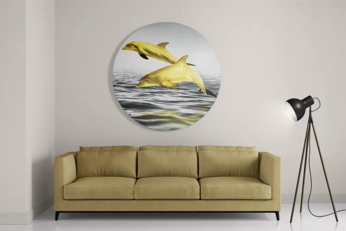 Schilderij Springende Dolfijnen Goud 01 Rond – Muurcirkel Template TP DB Rond Dieren 2 2