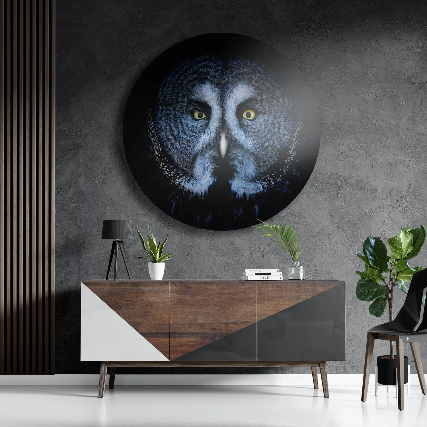 Schilderij Uil Hoofd Close Up Rond – Muurcirkel Template TP DB Rond Dieren 49 3