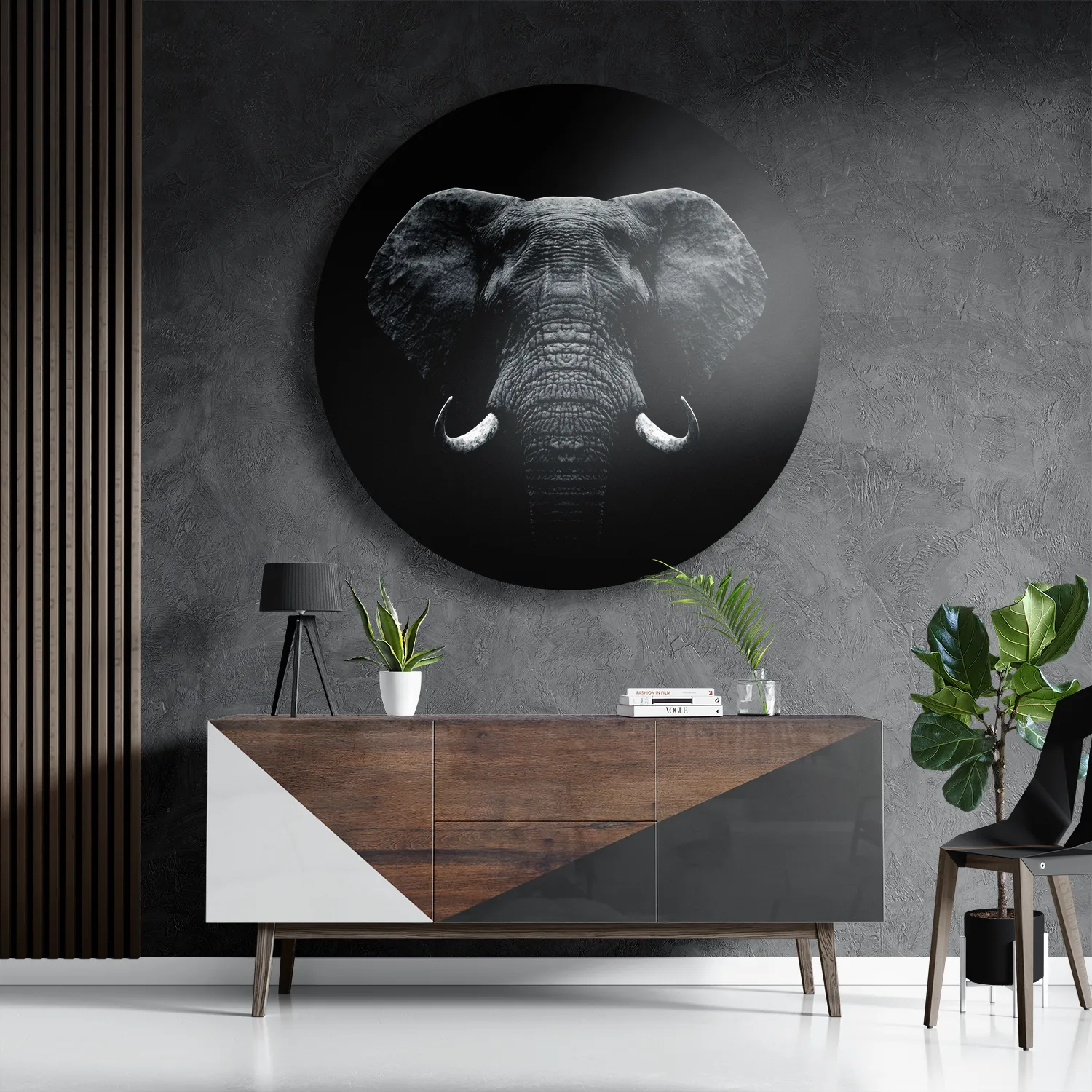 Schilderij Olifant Zwart Wit Rond – Muurcirkel Template TP DB Rond Dieren 56 3