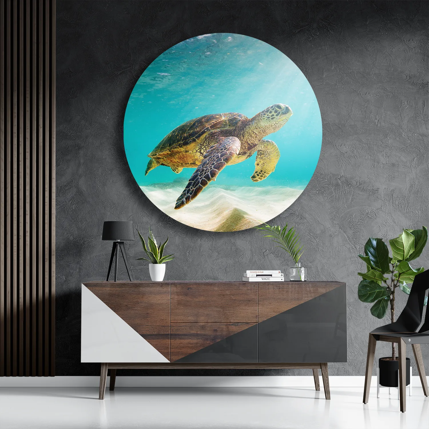 Schilderij Zeeschildpad In Helderblauw Water 04 Rond – Muurcirkel Template TP DB Rond Dieren 58 3