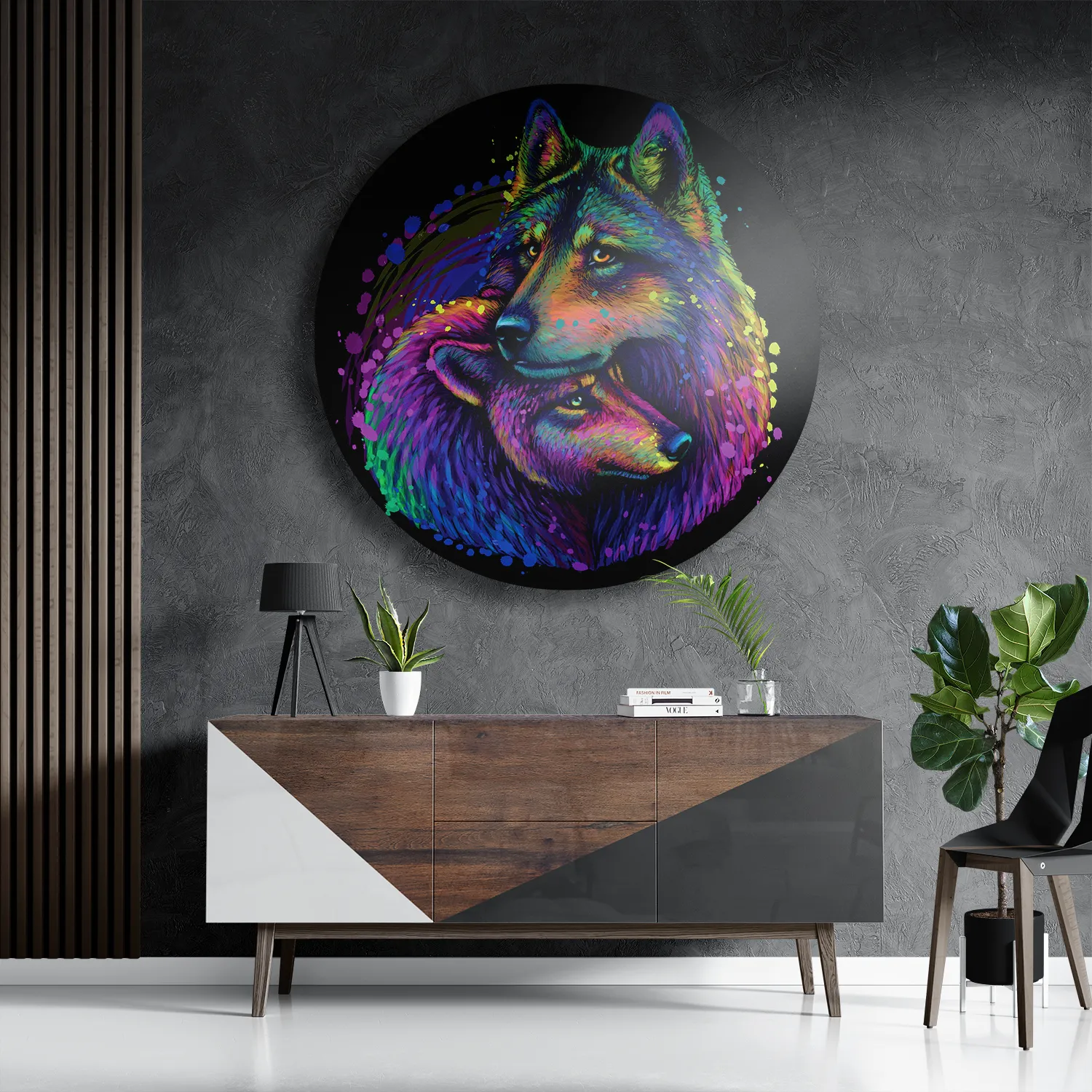 Schilderij Colored Wolves Rond – Muurcirkel Template TP DB Rond Dieren 80 3