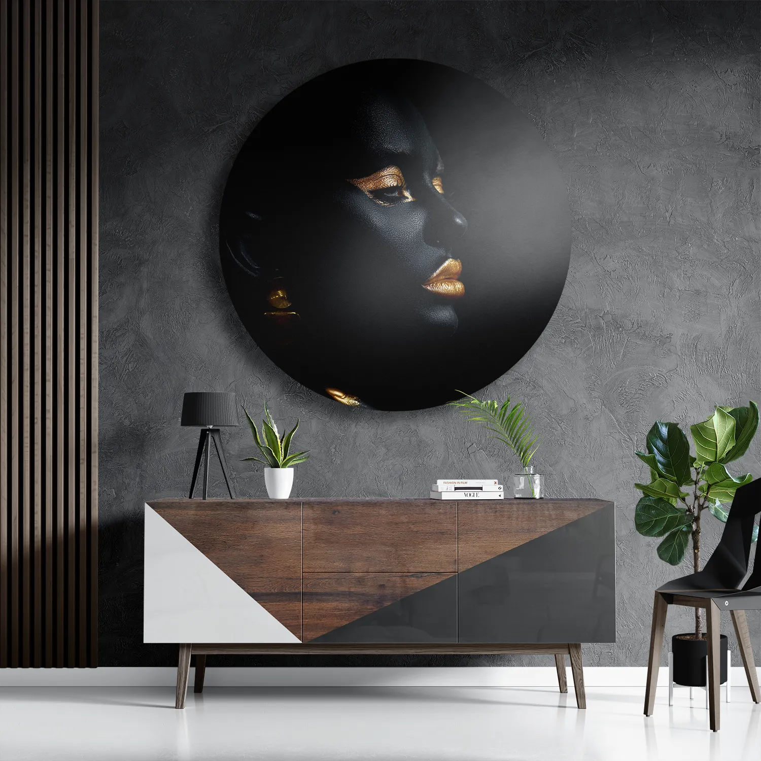 Schilderij Black Whoman With Gold Orange Rond – Muurcirkel Template TP DB Rond Lifestyle 18 3